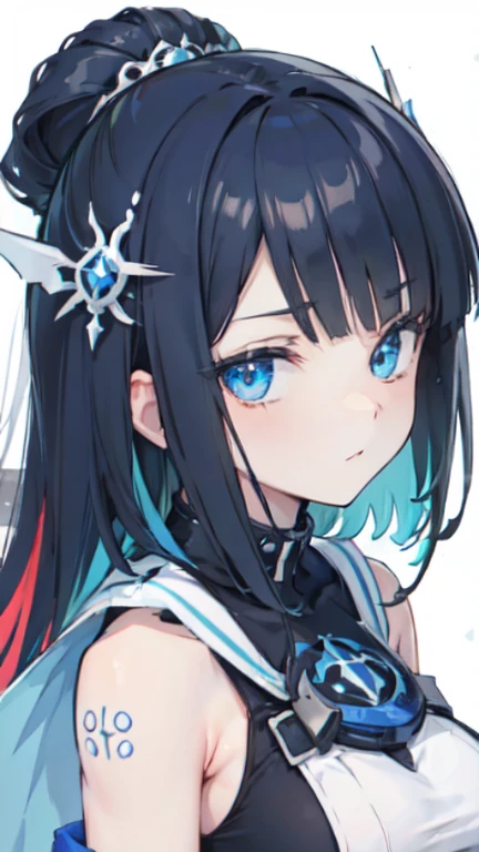 ((Uma garota)), close-up de uma garota de anime com cabelo loiro claro, longo e fino, amarrado em um rabo de cavalo, olhando para o espectador com um olhar sedutor, lips half open, dynamic pose, (((Pale skin))), cabelo multicolorido loiro e azul, olhos azuis, (((vestindo roupas urbanas modernas moda))), (((seios grandes))), garota anime loira com cabelo comprido, fundo branco
