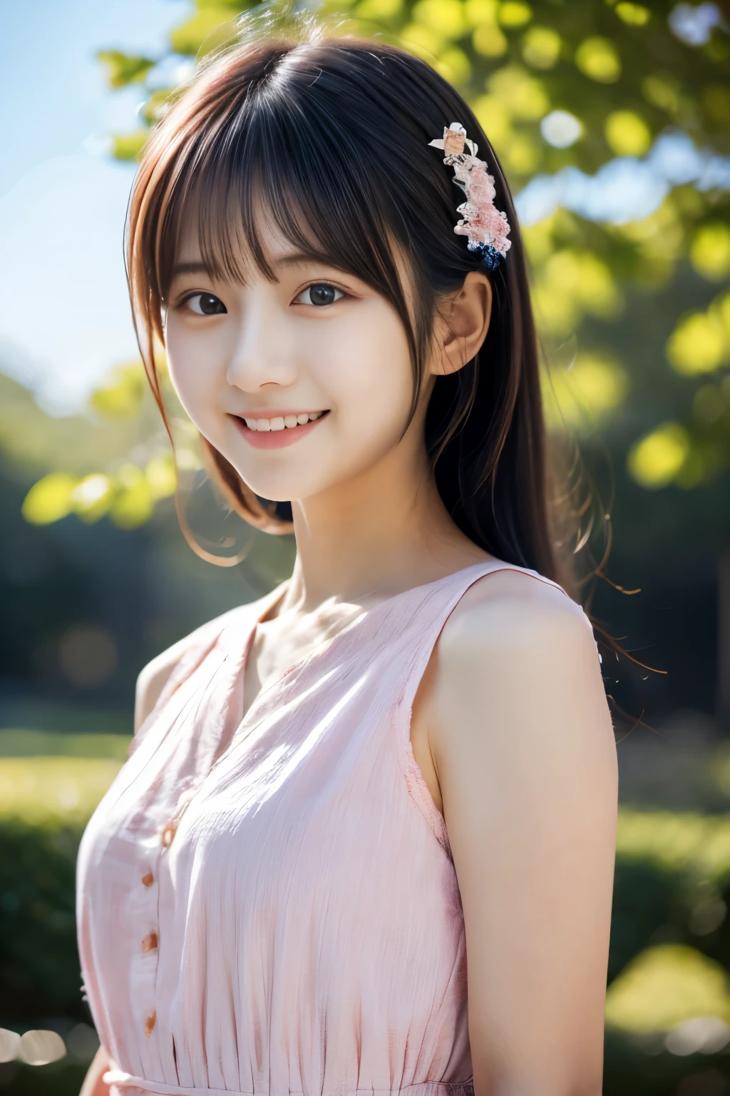 1 Japanese girl, Beauty, Cute face, Idol Style, (Pink Shirt Dress:1.2), (RAW Photos, highest quality), (Realistic, Photorealistic:1.4), Tabletop, Very delicate and beautiful, Very detailed, 2k wallpaper, wonderful, finely, Very detailed CG Unity 8K 壁紙, Very detailed, High resolution, Soft Light, Beautiful detailed girl, Very detailed目と顔, Beautiful and detailed nose, finelyて美しい目, Cinema Lighting,　(The background is blue sky), Perfect Anatomy, Slender body, small, bangs, smile, 