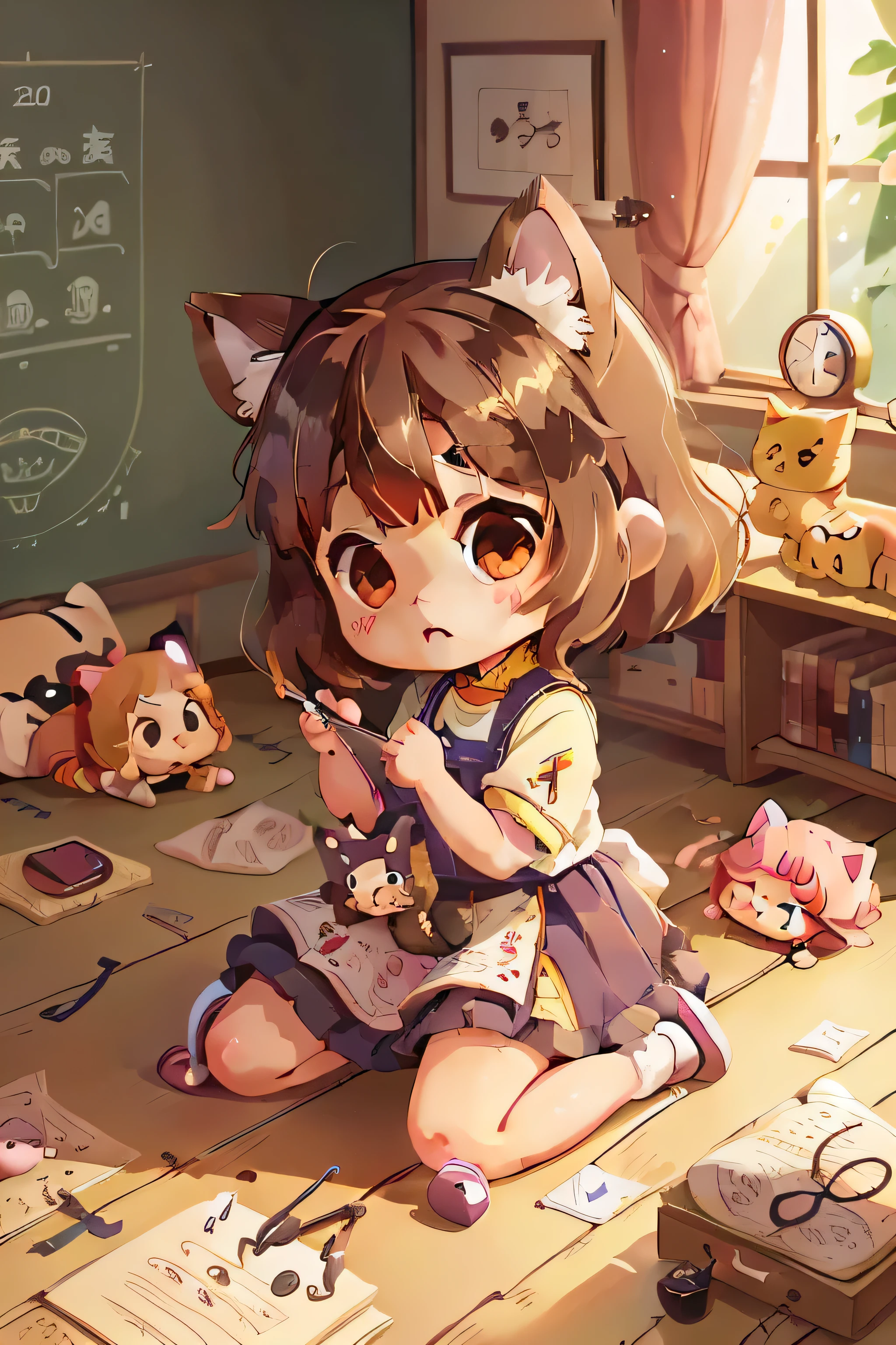  with cat ears、((Chibi character:1.4)),  (((1 girl:1.4))), best masterpiece, music, Lots of stuffed toys, Playing on the floor,  a bit, Cat, cute, Pink Cat Princess, Big Badejo, whole body, masterpiece, 3D Rendering, highest quality, Lots of details, (Plain background), Vinyl Toy Figures