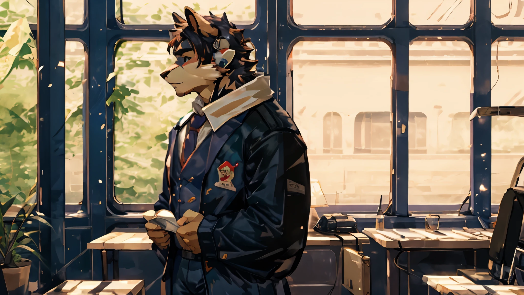 Lonely elephant in a suit in a high school office looking out onto campus