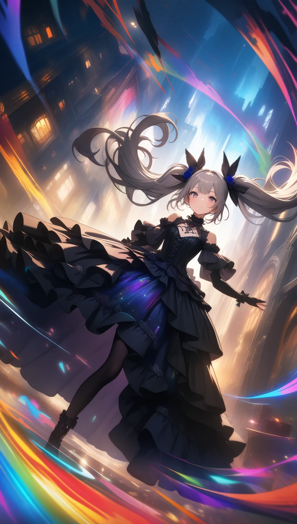 32k, best quality, ultra high res, HDR, UHD, extremely detailed CG, unity 32k wallpaper, (One girl),Gothic,Twin tails,Gray Hair, organza lace,Gorgeous and elaborate clothes,Gothic, flight, green, (colorful), Bold, Gradient Blend, Motion Blur, Sparkling Texture, Dynamic configuration, Atmospheric perspective, Impressionist, , (masterpiece), (highest quality), wonderful, (Beautiful fine details), (In detail), Depth of written boundary, Highly detailed CG, original, Highly detailed wallpaper, (Vibrant colors), Cinema Lighting,  (colorful), blush,