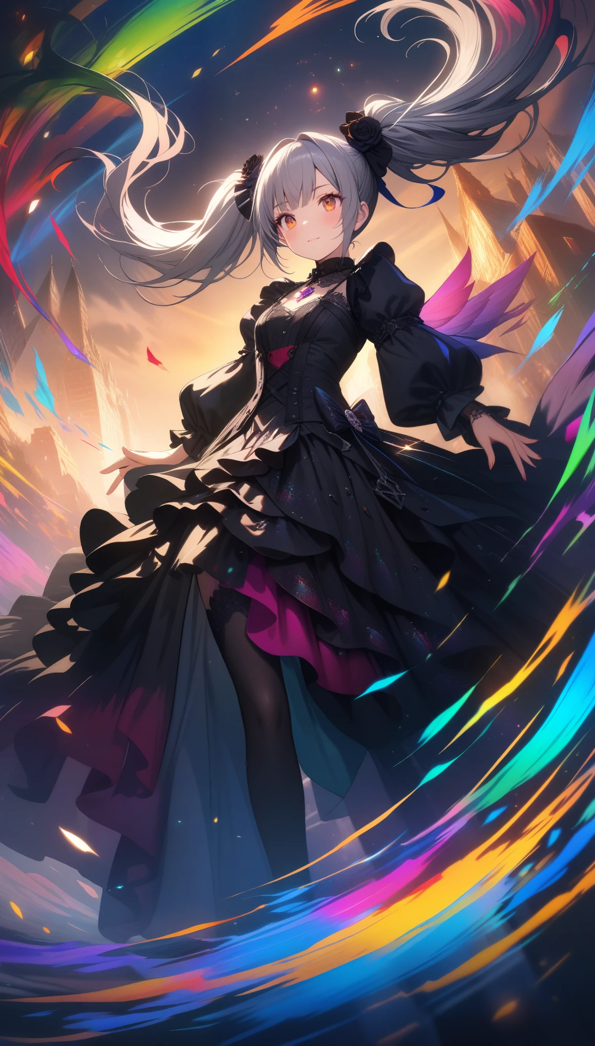 32k, best quality, ultra high res, HDR, UHD, extremely detailed CG, unity 32k wallpaper, (One girl),Gothic,Twin tails,Gray Hair, organza lace,Gorgeous and elaborate clothes,Gothic, flight, green, (colorful), Bold, Gradient Blend, Motion Blur, Sparkling Texture, Dynamic configuration, Atmospheric perspective, Impressionist, , (masterpiece), (highest quality), wonderful, (Beautiful fine details), (In detail), Depth of written boundary, Highly detailed CG, original, Highly detailed wallpaper, (Vibrant colors), Cinema Lighting,  (colorful), blush,