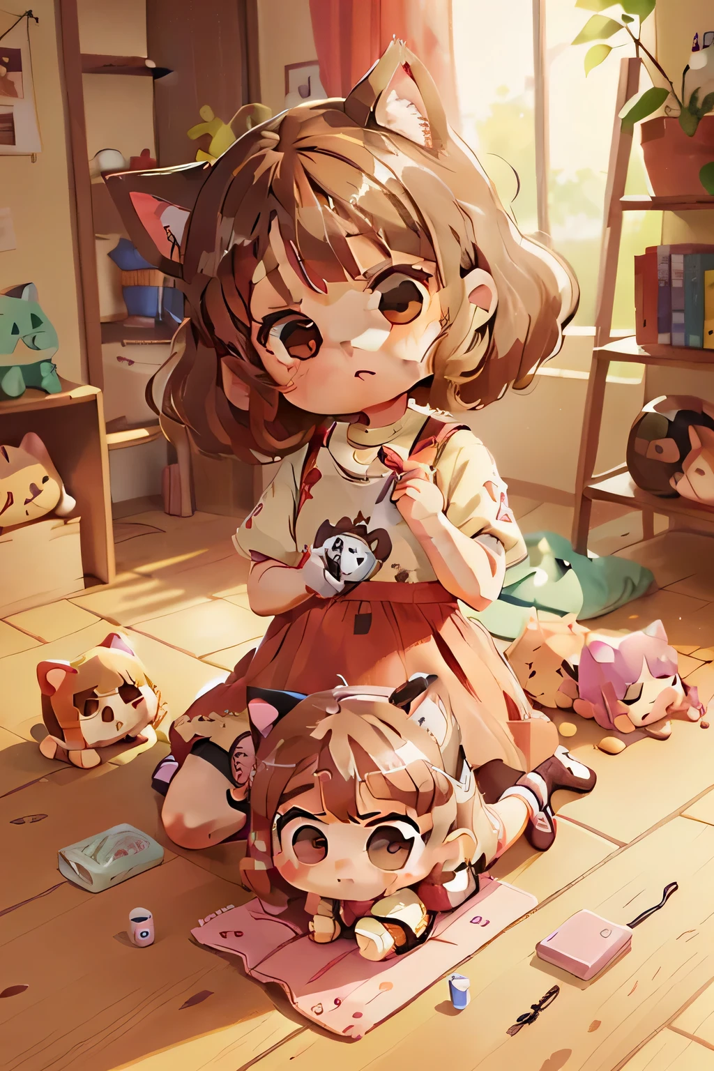 with cat ears、((Chibi character:1.4)), (((1 girl:1.4))), best masterpiece, music, Lots of stuffed toys, Playing on the floor, a bit, Cat, cute, Pink Cat Princess, Big Badejo, whole body, masterpiece, 3D Rendering, highest quality, Lots of details, (Plain background), Vinyl Toy Figures