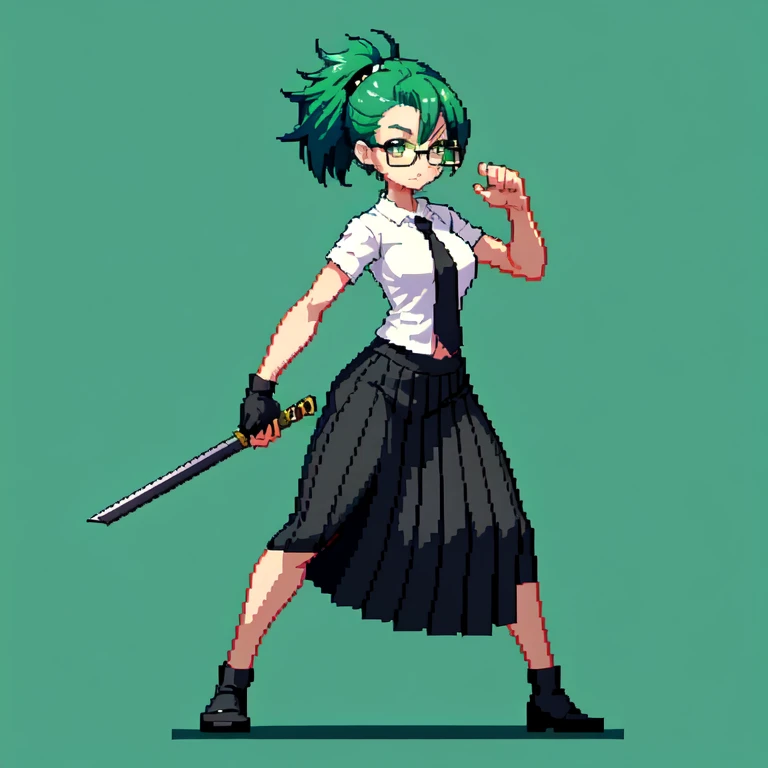 (masterpiece, top quality, best quality), pixel,pixel art,1girl,katana,glasses,black shirt,black long skirt,green hair,punch power,full body,