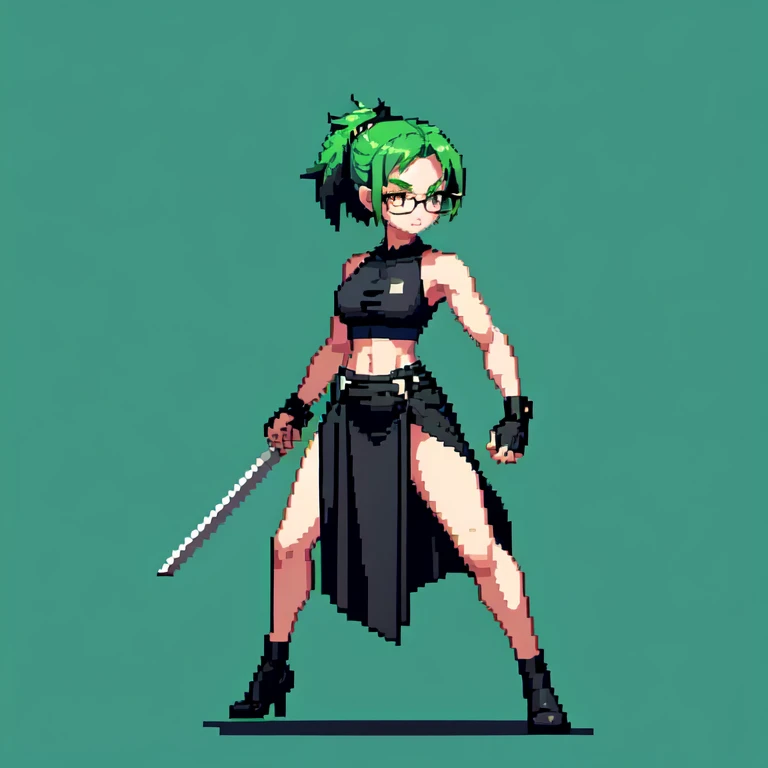 (masterpiece, top quality, best quality), pixel,pixel art,1girl,katana,glasses,black shirt,black long skirt,green hair,punch power,full body, 
 
