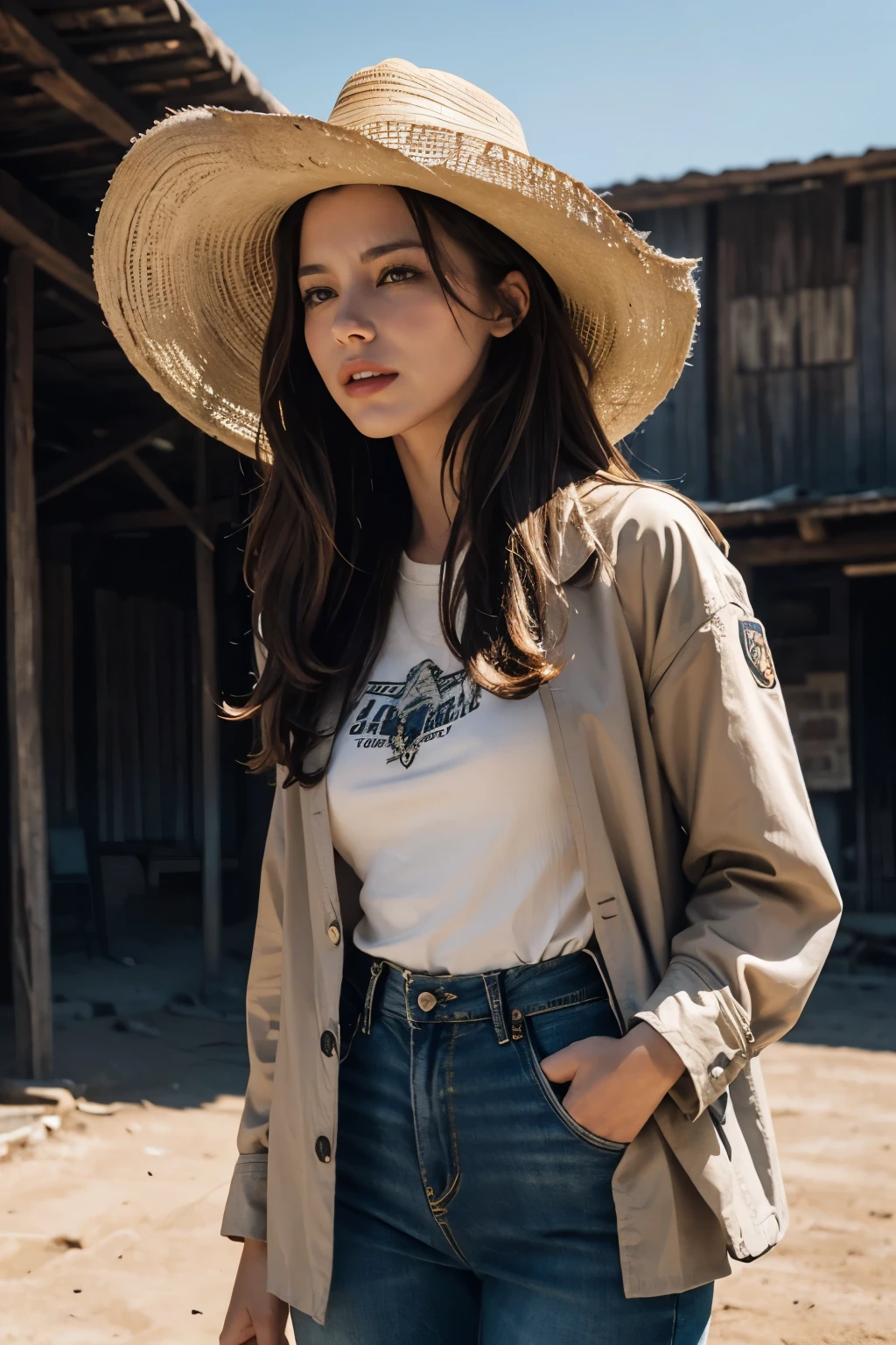 Surreal close-up photo of Kate Beckinsale, masterpiece, best quality, (realistic:1.4), (cowboy outfit, jacket over shirt, dirty pants, cowboy hat) Create dystopian masterpieces. western theme, dusty atmosphere, Wooden building, The setting sun casts a long shadow, old and worn out clothes, expectations in the air, a violent confrontation, empty street, deserted village, Beautiful woman, thin, , brown straight hair, detailed face, laugh, photo taken from afar, 20 years old tears, (clothes:random color), dynamic pose