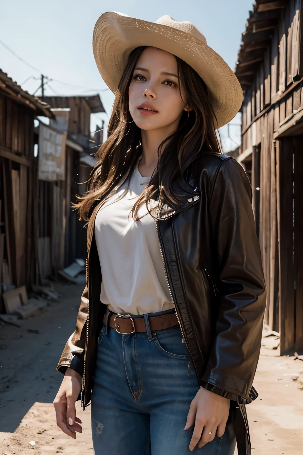 Surreal close-up photo of Kate Beckinsale, masterpiece, best quality, (realistic:1.4), (cowboy outfit, jacket over shirt, dirty pants, cowboy hat) Create dystopian masterpieces. western theme, dusty atmosphere, Wooden building, The setting sun casts a long shadow, old and worn out clothes, expectations in the air, a violent confrontation, empty street, deserted village, Beautiful woman, thin, , brown straight hair, detailed face, laugh, photo taken from afar, 20 years old tears, (clothes:random color), dynamic pose
