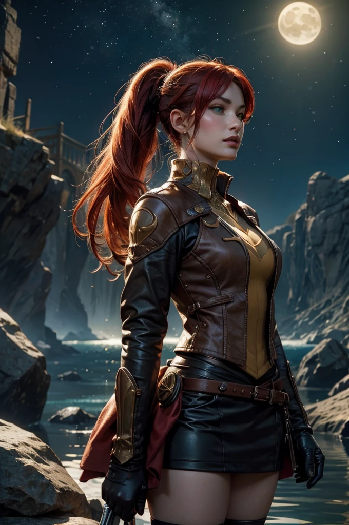 stunning girlfriend, heart shaped face, elegant face, beautiful face, highly detailed face, highly detailed skin, skin pores, subsurface scattering, realistic pupils, full lips, detailed background, depth of field, atmospheric perspective, volumetric lighting, sharp focus, absurdres, realistic proportions, good anatomy, (realistic, hyperrealistic:1.4), 16k hdr, ((best quality)), ((highly detailed)), masterpiece, best quality, pyrrha nikos, red hair, ponytail, green eyes, ponytail, circlet gmuniform, blue thighhighs, looking at viewer, :o, standing, cowboy shot, night, stars, moonlight, standing, in entrance to cave, underground lake, rocks, crowd