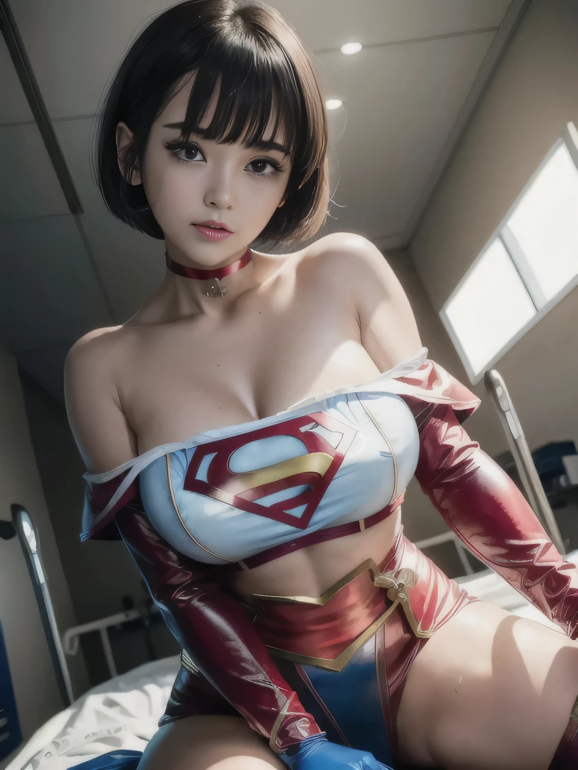 masterpiece、Enamel Supergirl Costume、Short Hair、Hospital operating table、Crisis situation、Big and ample breasts、looking at the camera、Shiny、Off the shoulder、choker、Long sleeve、Red exy poses to seduce、Sweaty、Model Body Type、Alluring、charm、Enchanting、abused、test subject、victim、Wild、