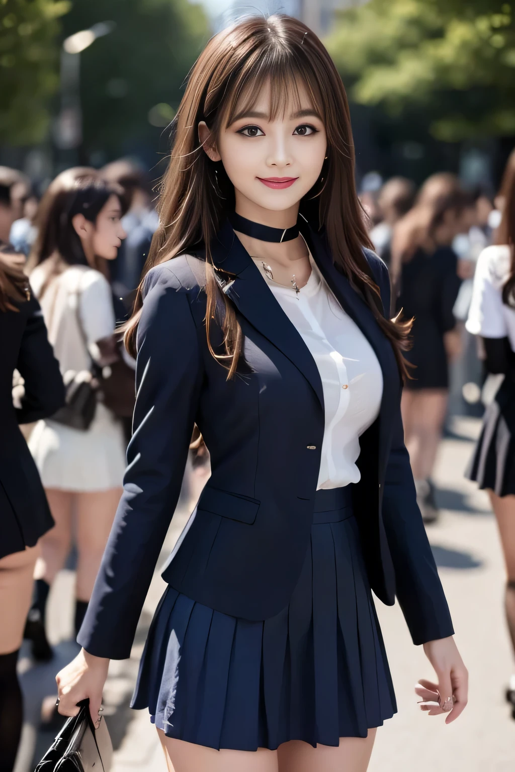 ((masterpiece, High resolution)), ((Thousands, crowd)), girl, group, clone, (( brown haired girl, blonde girl)), elegant, rich girl, Emotionless, Arms at sides, Straight spine, (((Matching outfits, Same clothes, Navy blue uniform, Sexy Uniform, Navy Blue Blazer, Short skirt, White knee socks, Long white socks, Black high heels))), Standing side by side, shoulder to shoulder, Same pose, The sisters are lined up in an orderly fashion, Many lines, crowd Shot, ((Black Choker, blue eyes, Very long eyelashes, bangs, Big Breasts, smile))，slim、lecture hall、((See-through shirt, Big Breasts))，lecture