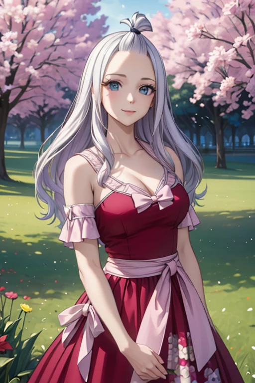 (best quality,4k,8k,highres,masterpiece:1.2),ultra-detailed,realistic,photorealistic:1.37, Mirajane Strauss, with a beautiful smile, in a field of flowers, wearing a dress with a floral print 