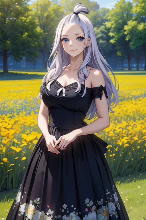 (best quality,4k,8k,highres,masterpiece:1.2),ultra-detailed,realistic,photorealistic:1.37, Mirajane Strauss, with a beautiful smile, in a field of flowers, wearing a dress with a floral print 