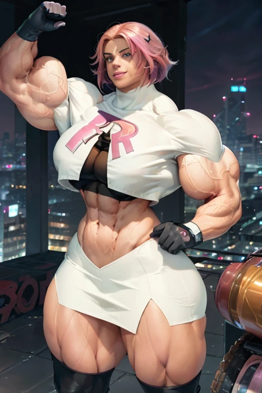 (((((Massive tall, beautiful, buff, brown skinned muscular goddess woman with shocking pink hair, ginormous bulky muscles and wearing a team rocket uniform with skirt))))), close view, (massive muscles), massive biceps, hyper muscle shoulders, (ginormous muscular arms), vascular shoulders, hyper muscle triceps, (angled bob cut), red eyes, choker, black thigh high boots, (on the rooftop), confident smile, night, hyper vascular arm, hyper muscles arms, hyper muscle legs, (ginormous arms).