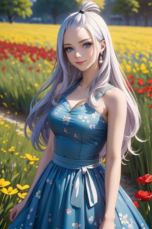 (best quality,4k,8k,highres,masterpiece:1.2),ultra-detailed,realistic,photorealistic:1.37, Mirajane Strauss, with a beautiful smile, in a field of flowers, wearing a dress with a floral print 