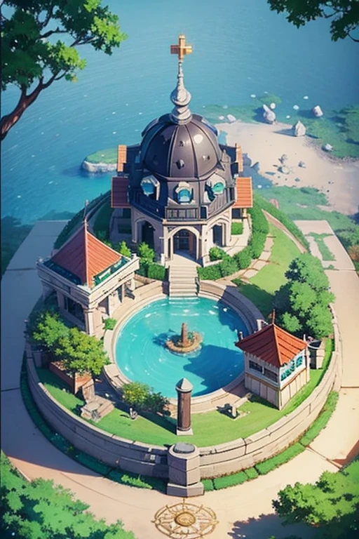 fantasy world, estilo isekai de anime, zona de comercio en la playa, estilo pixel art