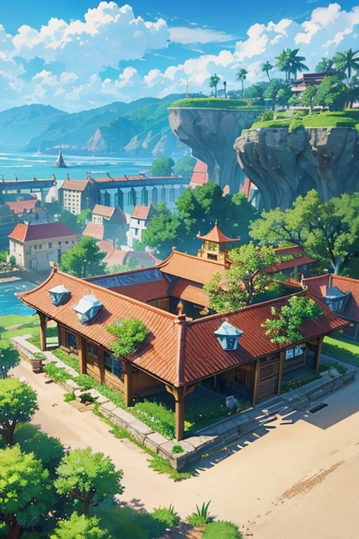 fantasy world, estilo isekai de anime, zona de comercio en la playa, estilo pixel art