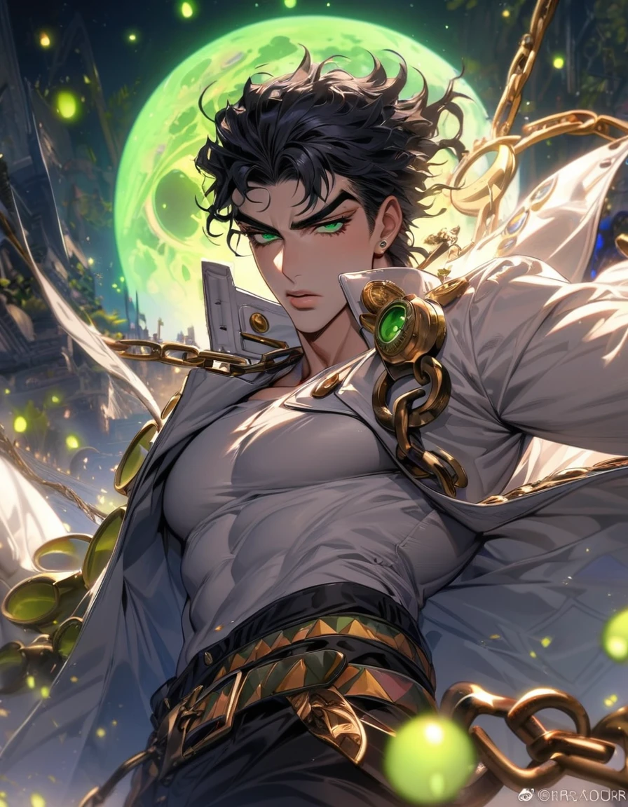 absurdres, highres, ultra detailed, HDR, master piece, best quality, extremely detailed face and eyes, perfect face, Jotaro Kujo, expressive green eyes, black hair, jojo bizarre adventure, solo, sexy man, handsome, white coat, black pants, clock mechanical moon, fantasy, chains, fireflies