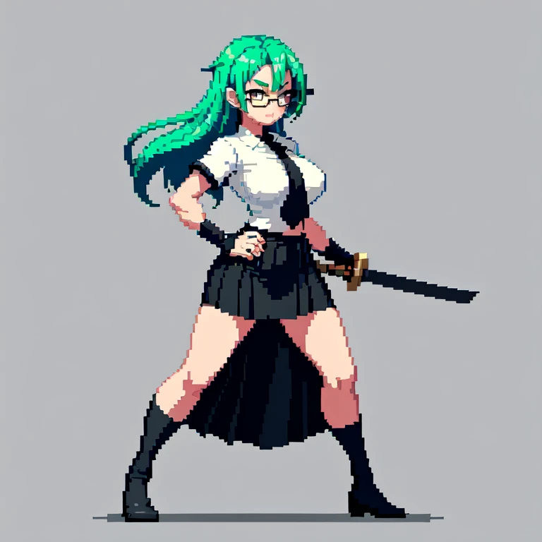 (masterpiece, top quality, best quality), pixel,pixel art,1girl,bosom,katana,glasses,black shirt,black long skirt,green hair,punch power,full body,
