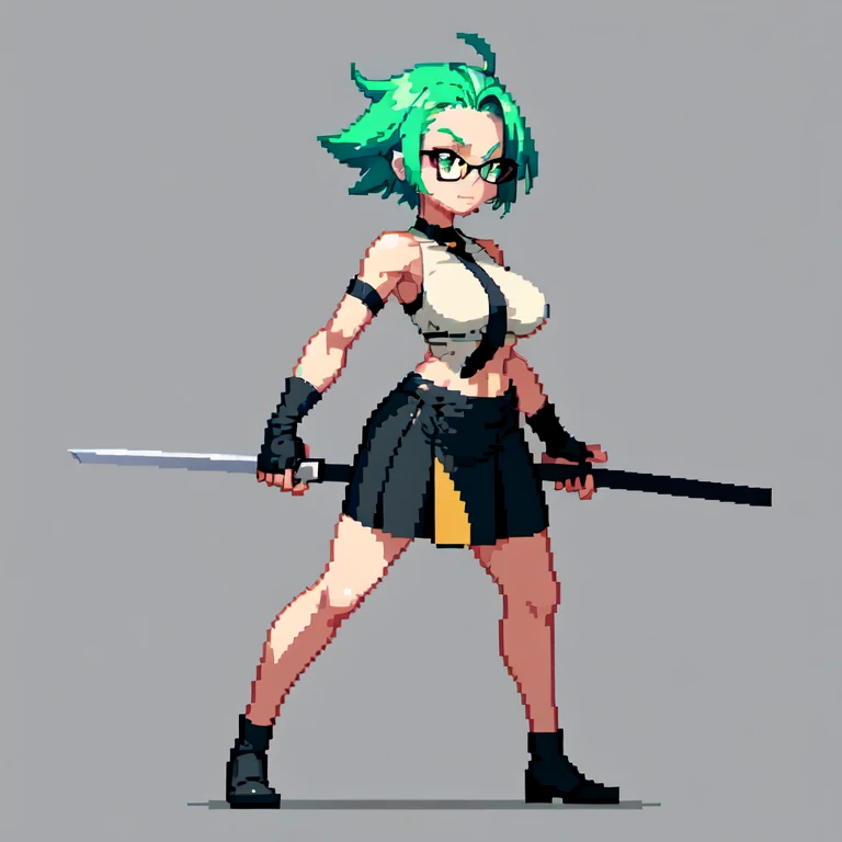 (masterpiece, top quality, best quality), pixel,pixel art,1girl,bosom,katana,glasses,black shirt,black long skirt,green hair,punch power,full body, 
 