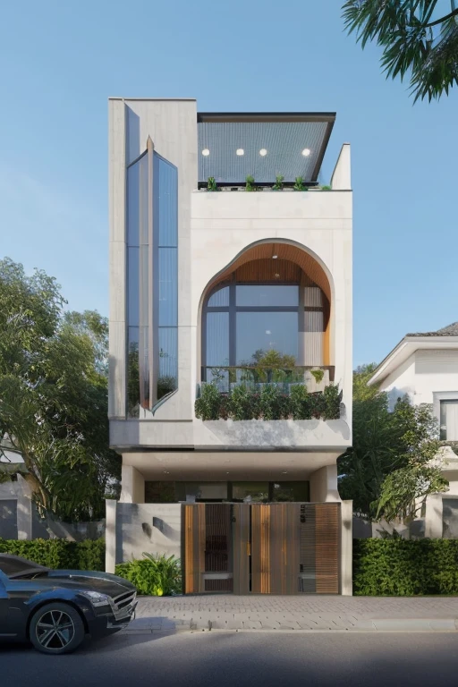 Raw photo,Masterpiece, high quality, best quality, authentic, super detail,
exterior, outdoors, house style modern on the street , curved arch, glass windows, gate, wooden ceiling,
road,pavement, grass, trees, sky, cloud, (day:1.1), vivid colour