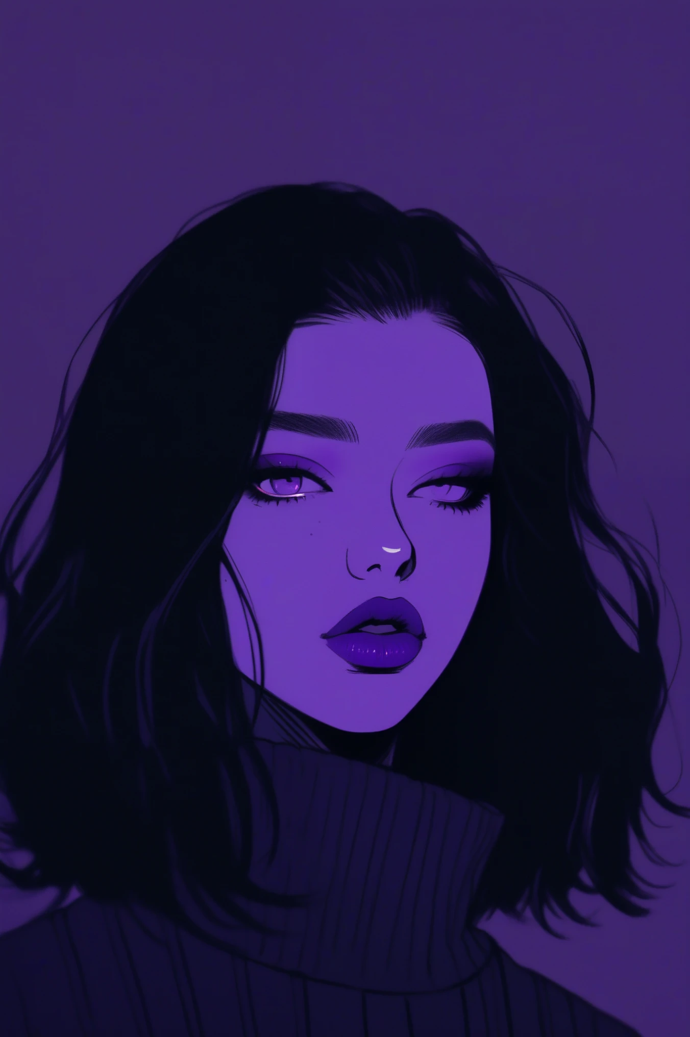 (best quality, sketch:1.2),realistic,illustrator,anime,1 girl, detailed lips,sweater,custom, ( background dark),neon hair,textured cropping,Canadian, masterpiece, style retro classic, noir dark, art, sketch book, (bob hair purple:1.35, black:1.55), bad women 