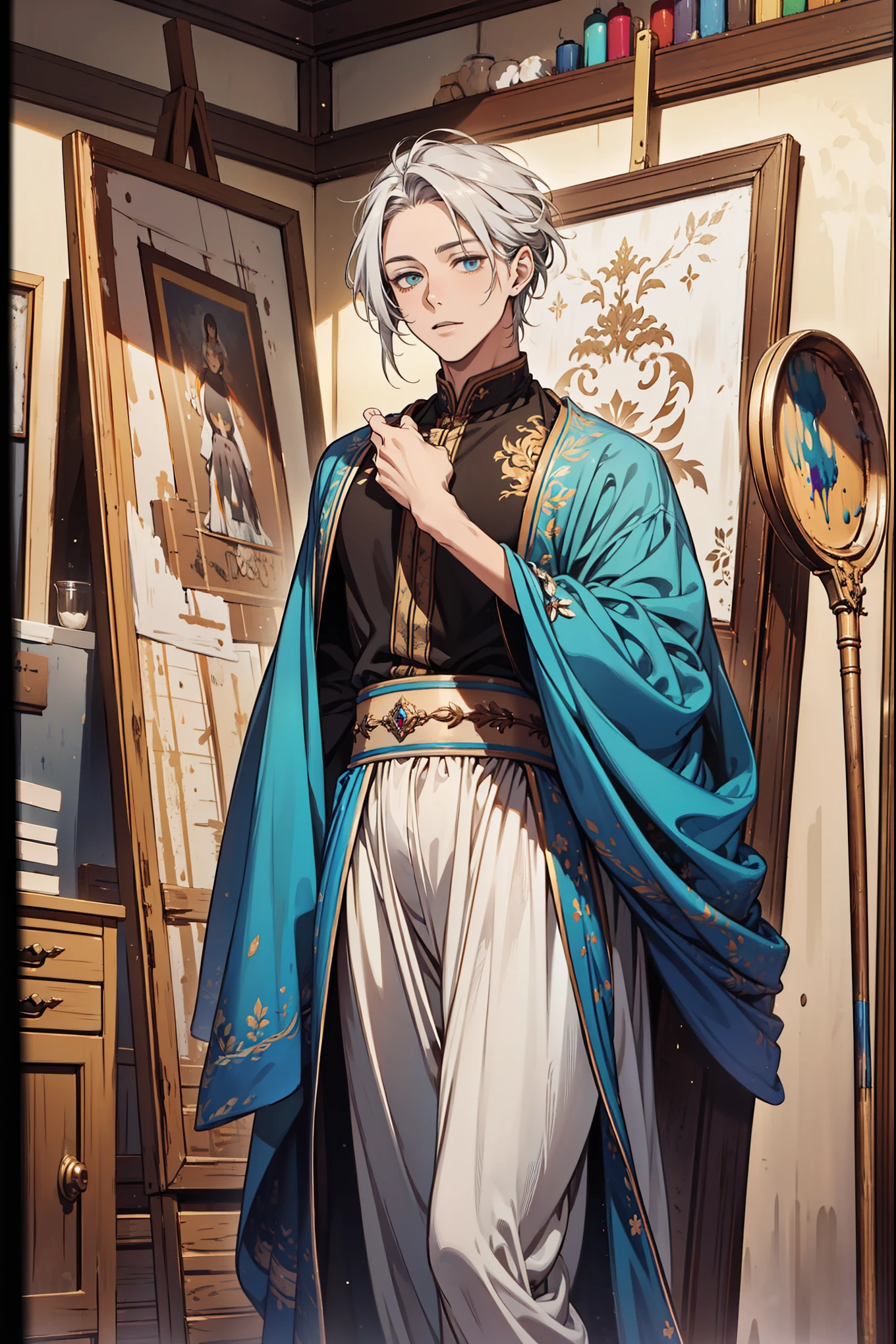 (Best quality, A high resolution, Textured skin, High quality, High details, High details,Extremely detailed CG unity), (male), Enchanted,having fun,Being in love,artist in fantasy world, exquisite costumes,solo person,day, Dazzle, male, handsome, (art studio), (in art studio), painting male, more details, detailed art studio scene, art studio detailed, (holding whisk:1), paint materials, art tools, paint tools everywhere