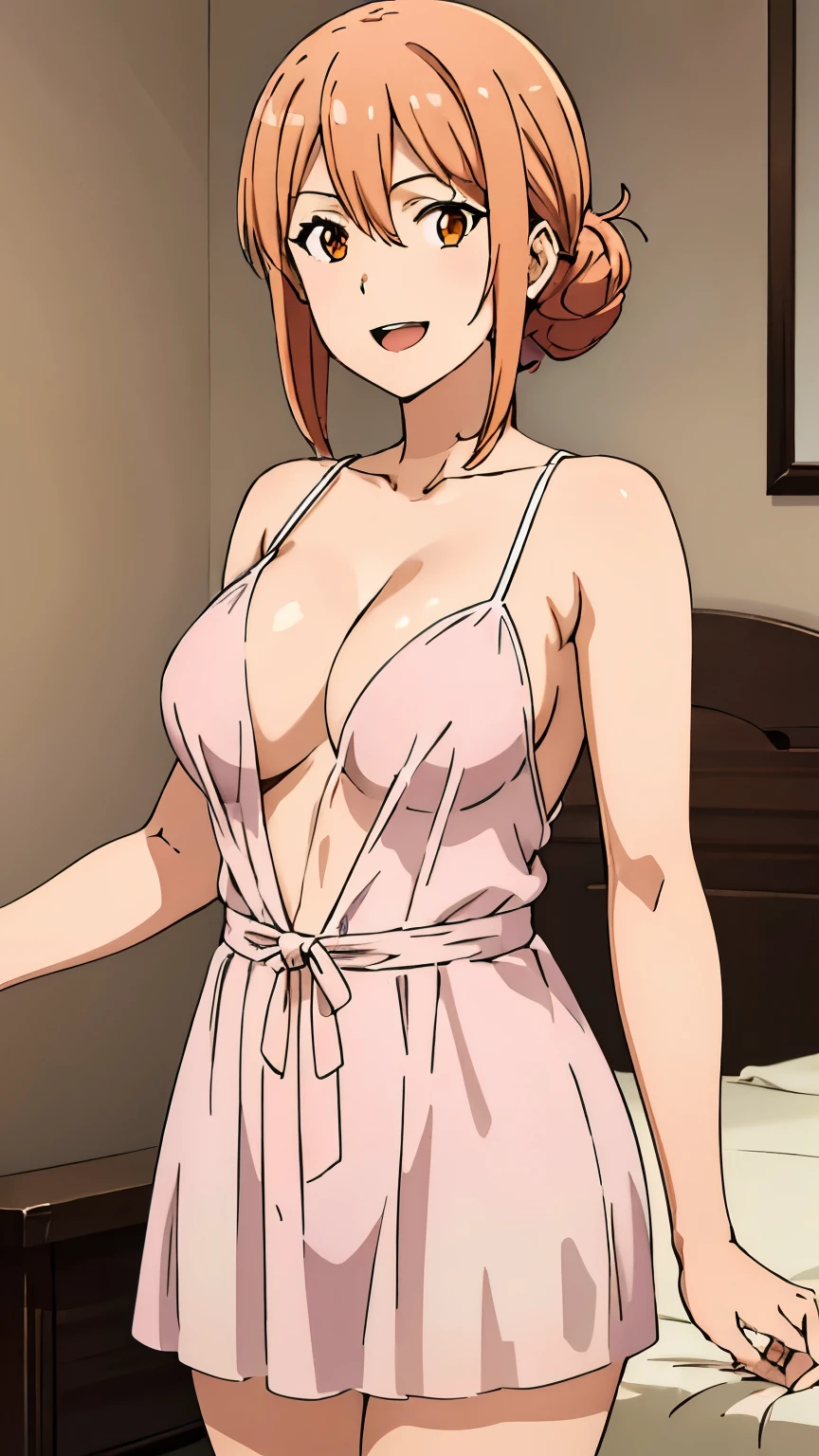 (Top quality, 8K, Masterpiece: 1.2), anime art style, Super detailed, Illustration, Yuigahama Yui's mother, 30's body, large medium breasts, adult, Mature look, orange eyes, open mouth, smile, between the eyes, 1 girl, bun hair , shiny hair, focus only, looking at the viewer, alone,(negligee, cleavage, bed), stylish pose, stylish angle, in the center of the image, cowboy shot