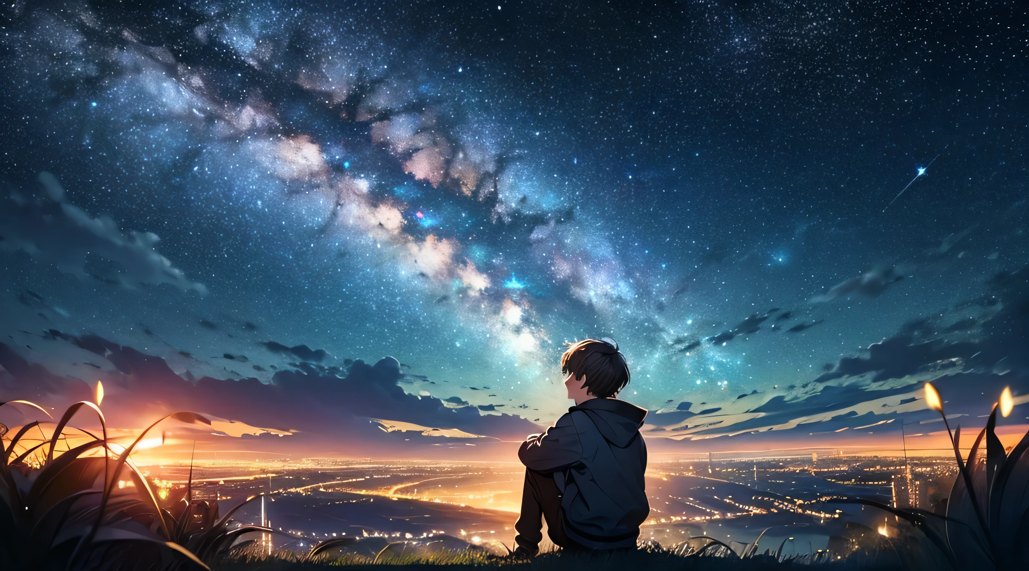 milky way, Night Sky, starry skies, juvenile２Behind the scenes of a person, Sitting, grassland, Night view, Night cityscape, cloud