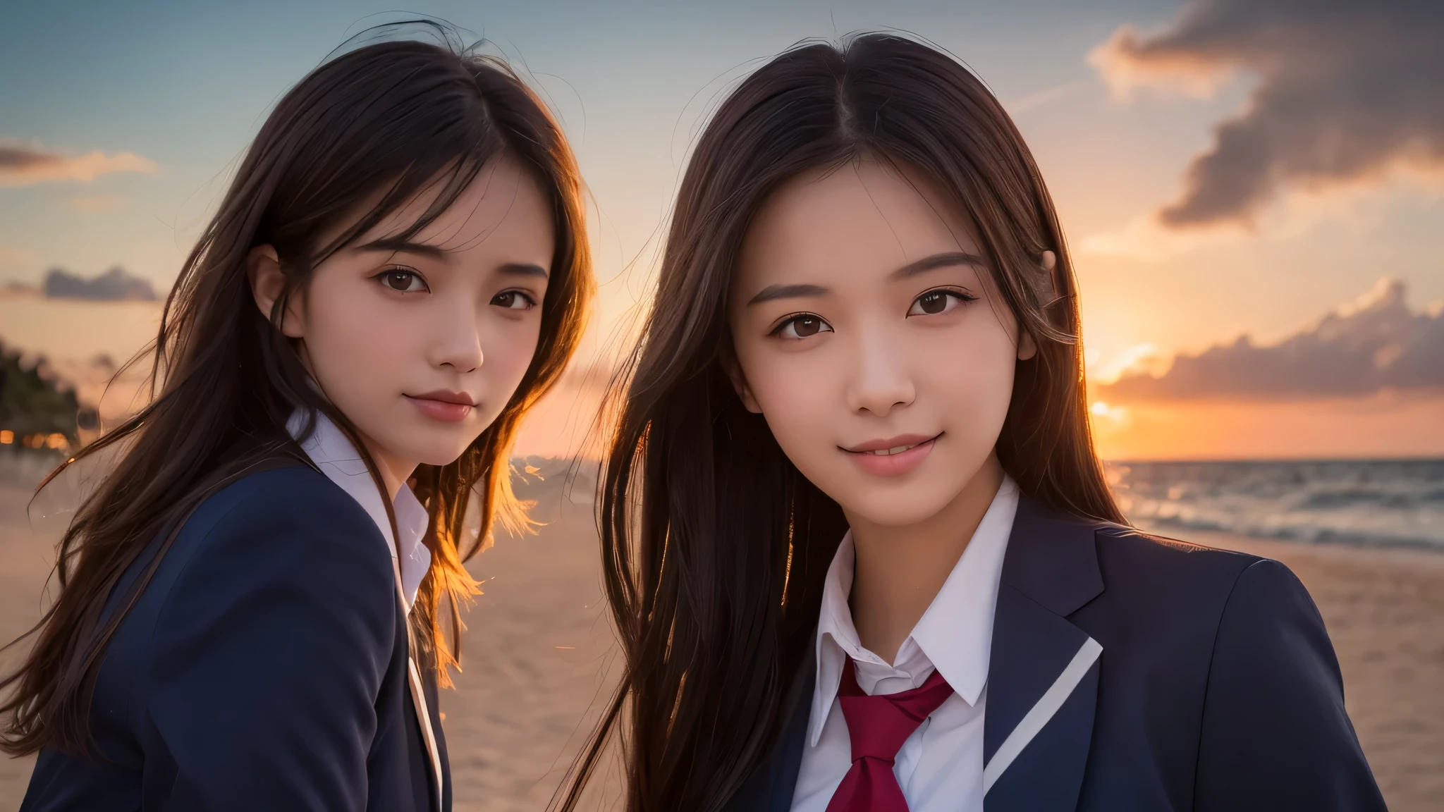 (3girl:1.2), (Medium Hair:1.3). enchanting smile, (Best Quality:1.4), Realistic, extremely detailed CG unified 8k wallpaper, highly detailed, High-definition raw color photos, professional photography, Realistic portrait, Cinematic Light, Beautiful detailed, Beautiful breasts, (Fine face:1.2), Close up portrait of girl, (high school uniform:1.2), Outdoors, (beach), beautiful sunset sky, backlit, silhouette, (Evening sky dyed red:1.4)