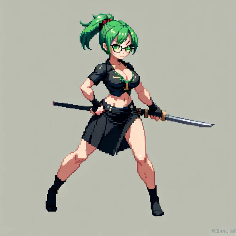 (masterpiece, top quality, best quality), pixel,pixel art,1girl,bosom,katana,glasses,black shirt,black long skirt,green hair,punch power,full body, 
 