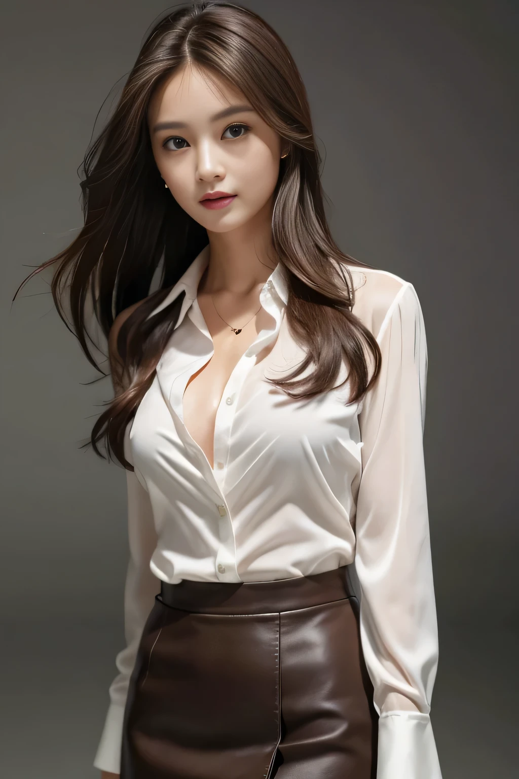((Beautiful girls:1.3))((Random sexy poses:1.3)) ((Blushing:1.4)) ((chest:1.2)) ((close:1.2)) highest quality,Tabletop,超A high resolution,(Realistic:1.4),RAW Photos,(Real skin texture:1.3),(Film Grain:1.3),Panorama,Character Portrait,Very wide shot,Tight waist,Cowboy Shot,(In the Dark, Deep Shadow, Low Key, Cold Light,) night,((brown super long hair:1.2)),Tears flow,,Dust,Tyndall effect,(Performance),One Girl,Beautiful and detailed eyes and face,White Jabot,Brown eyes,((Brown Hair:1.2)) ((whole body:1.3)) ((smile:1.3)),　((White see-through shirt、a belt、a black skirt:1.3)), ((inside private jet, indoor, hyper detailed background:1.2)),　((Place your left hand gently on your chin，right hand holding chest:1.3)),