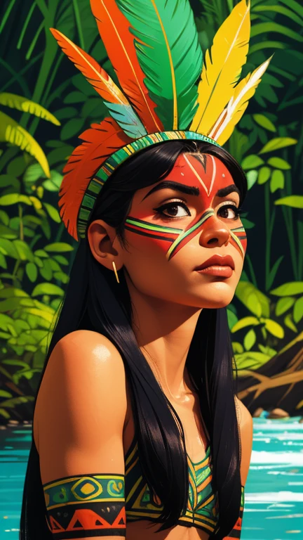 Arte em quadrinhos, pintura digital. A beautiful indigenous girl in native with feathers and feathers on her head, Amazonian indigenous peoples in Brazil, linda jovem feminina brasileira nativa, pintar o rosto, corpo quente, Yanomami Indian in typical costumes,alta qualidade. Amazon rainforest and river bottom. cores vivas, cinematic lighting. detalhado, intrincado, detalhado face.