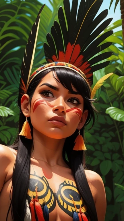 Arte em quadrinhos, pintura digital. A beautiful indigenous girl in native with feathers and feathers on her head, Amazonian indigenous peoples in Brazil, linda jovem feminina brasileira nativa, pintar o rosto, corpo quente, Yanomami Indian in typical costumes,alta qualidade. Amazon rainforest and river bottom. cores vivas, cinematic lighting. detalhado, intrincado, detalhado face.