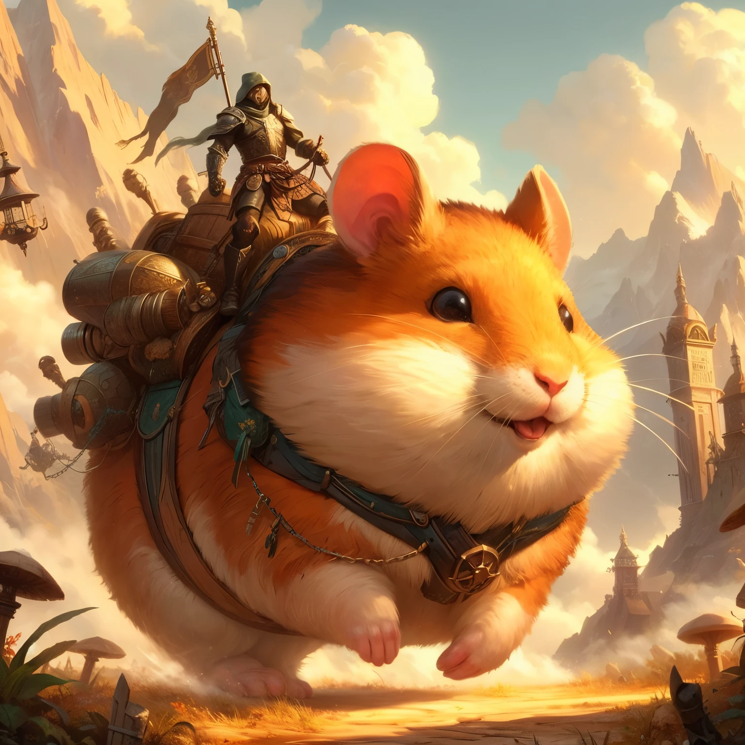 Old adventurer riding a gigantic hamster as a steed, fantasy, digital art