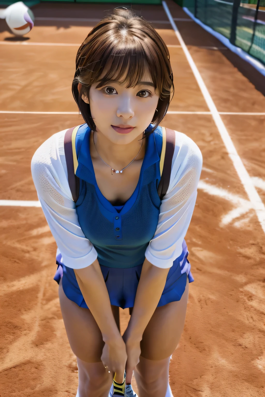 highest quality, Photorealistic, Very detailed, finely, High resolution, 8K Wallpaper, Professional, High level of detail, ((One 18 year old girl:1.2)), Slender Japanese women,cute lips, (Long eyelashes:1.2)、Detailed clavicle, Mid-chest、Perfect Face, (Cute short bob hair:1.5), Chestnut Hair、Cute face、(Tennis Wear:1.5)、(Sexy poses on the tennis court:1.2)、perfect body style、(Full body shot from knees to head:1.5)、Nipples