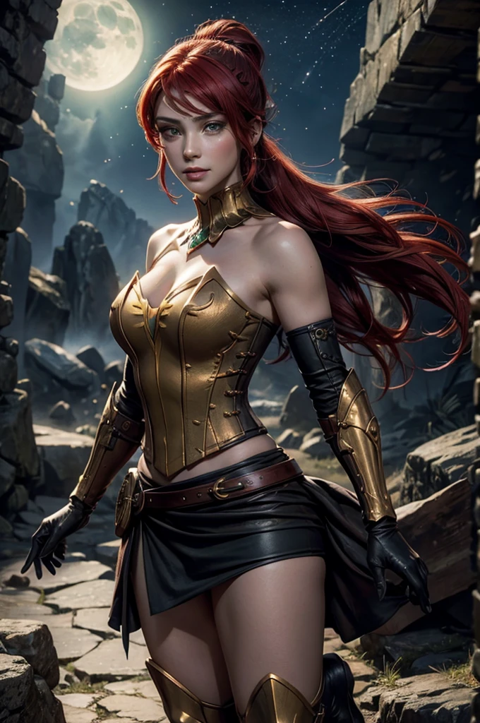 stunning girlfriend, heart shaped face, elegant face, beautiful face, highly detailed face, highly detailed skin, skin pores, subsurface scattering, realistic pupils, full lips, detailed background, depth of field, atmospheric perspective, volumetric lighting, sharp focus, absurdres, realistic proportions, good anatomy, (realistic, hyperrealistic:1.4), 16k hdr, ((best quality)), ((highly detailed)), absurdres, (detailed eyes, deep eyes), (1girl), full body, pyrrha nikos, rwby, red hair, ponytail, green eyes, medium breasts, smile, circlet, bustier, bare shoulders, skirt, elbow gloves, bracers, armored boots, night, stars, moonlight, standing, in entrance to cave, underground lake, rocks, crowd