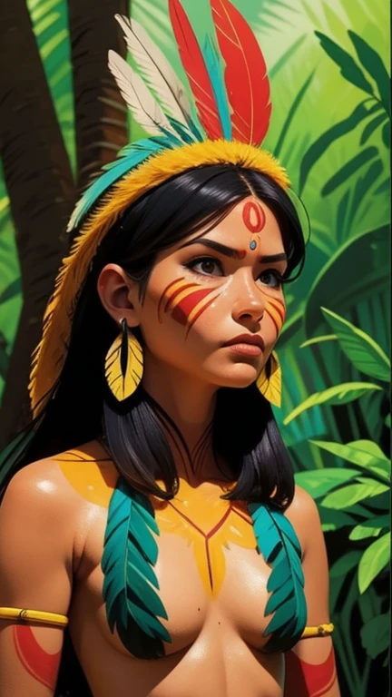 Arte em quadrinhos, pintura digital. A beautiful indigenous girl in native with feathers and feathers on her head, Amazonian indigenous peoples in Brazil, linda jovem feminina brasileira nativa, pintar o rosto, corpo inteiro, warrior position, corpo quente, Yanomami Indian in typical costumes,alta qualidade. Amazon rainforest and river bottom. cores vivas, cinematic lighting. detalhado, intrincado, detalhado face.