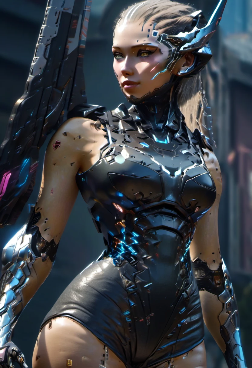 CG 8k hyper realistic detailed cyberpunk style, detailed perfect face, thin curved eyebrows, long luscious eyelashes, black eyeliner, black eye shadow, curved lips, perfect beautiful face, perfect makeup,long luscious wavy hair, perfect body, big curved breast, holographic armor, mecha cyborg arms, mecha cyborg legs, full body portrait, 