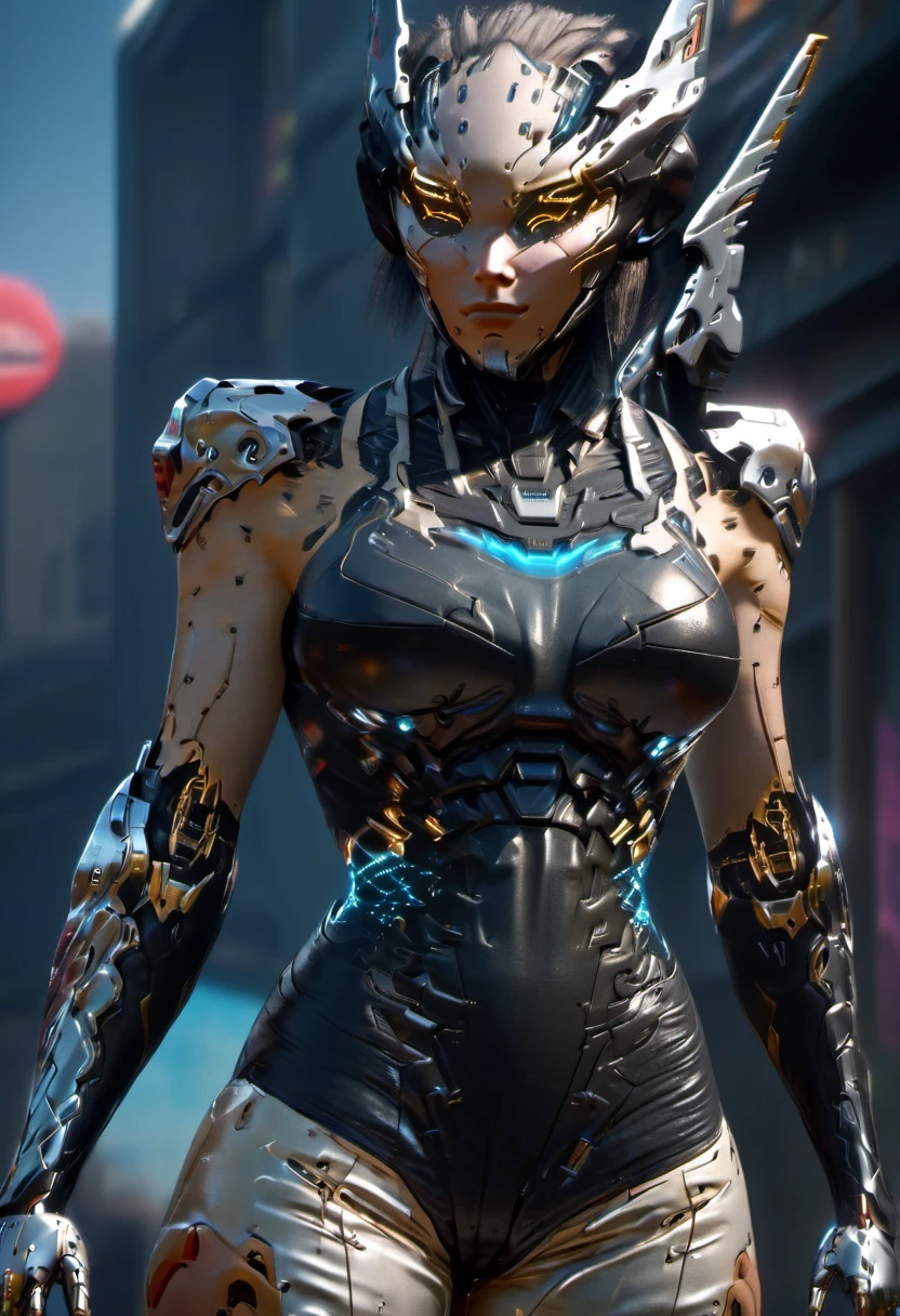 CG 8k hyper realistic detailed cyberpunk style, detailed perfect face, thin curved eyebrows, long luscious eyelashes, black eyeliner, black eye shadow, curved lips, perfect beautiful face, perfect makeup,long luscious wavy hair, perfect body, big curved breast, holographic armor, mecha cyborg arms, mecha cyborg legs, full body portrait, 