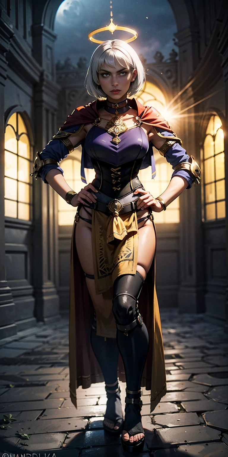 paladin lady in ornate golden armor, black collar, pauldrons, breastplate, corset, glowing halo, short hair, bob hair style, white silver hair, yellow glowing eyes, bright pupils, eye focus, red cape, temple indoors, stained glass windows, night, moonlight, particles, light beam, chromatic aberration, (full body, whole body. 1solo (girl). slave fighter, loincloth standing, hands on hips full body, whole body. 1solo (girl). slave fighter, loincloth standing, hands on hips, metal sandals, choker, big belt, view from below, feet together, bracers, tiara)