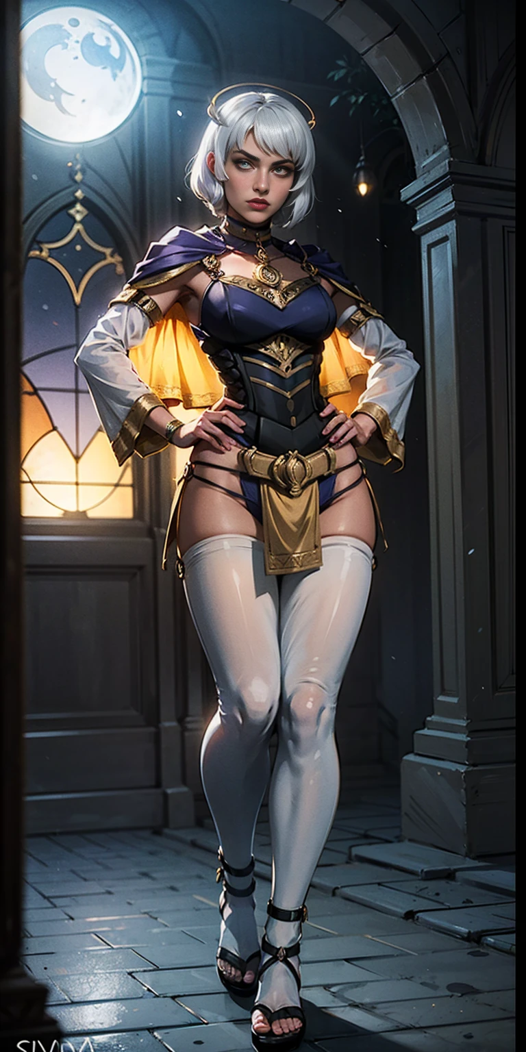 paladin lady in ornate golden armor, black collar, pauldrons, breastplate, corset, glowing halo, short hair, bob hair style, white silver hair, yellow glowing eyes, bright pupils, eye focus, red cape, temple indoors, stained glass windows, night, moonlight, particles, light beam, chromatic aberration, (full body, whole body. 1solo (girl). slave fighter, loincloth standing, hands on hips full body, whole body. 1solo (girl). slave fighter, loincloth standing, hands on hips, metal sandals, choker, big belt, view from below, feet together, bracers, tiara)