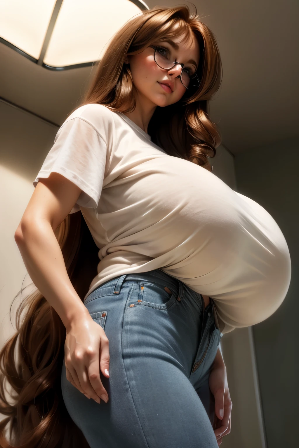 soft lighting, dark auburn hair, side view, low angle, Melissa Rauch, jeans, sleeved tight white t-shirt, big huge massive enormous colossal breasts, gigantic sagging breasts, very extremely long messy hair, long shot, geeky glasses, very long legs