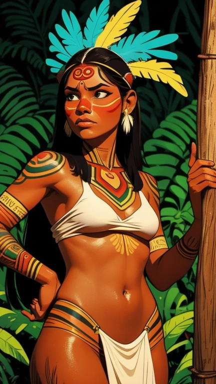 1 girl, (dark skinned female, black hair:1.3), black eyes, tribal girl, tribal accessories, naked, tribal tattoos, smirk, Island background