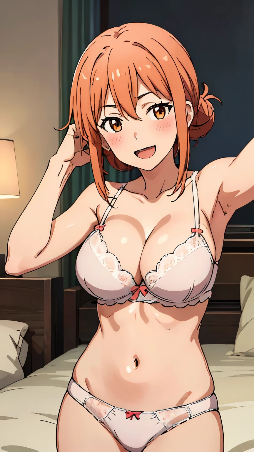 (Top quality, 8K, Masterpiece: 1.2), anime art style, Super detailed, Illustration, Yuigahama Yui's mother, 30's body, large medium breasts, adult, Mature look, orange eyes, open mouth, smile, between the eyes, 1 girl, bun hair , shiny hair, focus only, looking at the viewer, alone,(underwear, cleavage, bed, blush), stylish pose, stylish angle, in the center of the image, cowboy shot