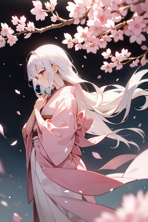 Cherry Blossom Fairy,Wearing a pale pink kimono,Young beautiful woman,Fleeting,Looking down,Expressionless,Silver white hair color,The background is scattered cherry blossom petals。