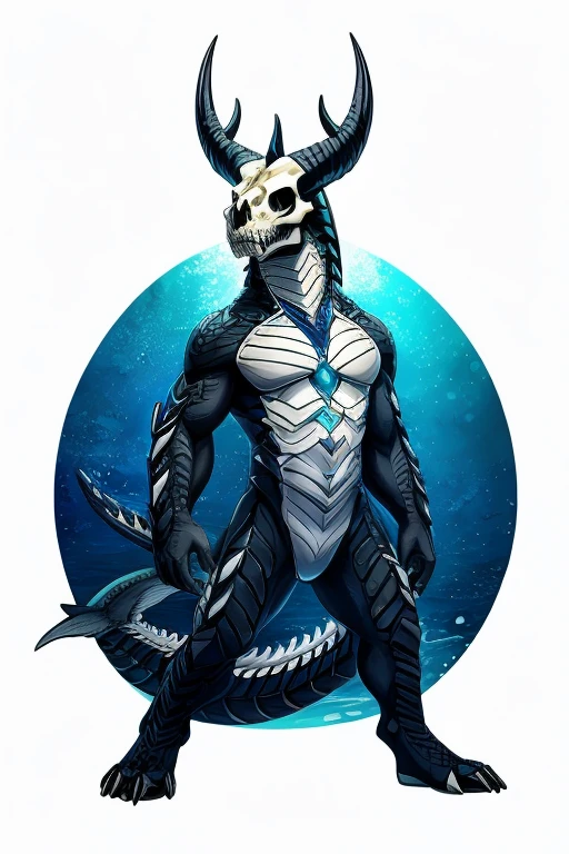 Leviathan, male k9 skull, horns, white background, sea creture, whale, grey, bioilumincence, full body, non humaniod,