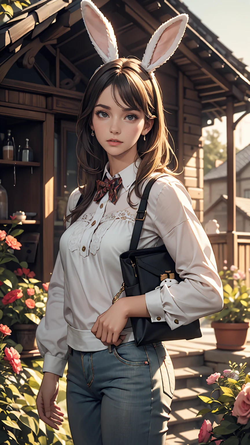 4K, Realistic, Charismatic, Very detailed, There is a girl in the garden house, Woman wearing a rabbit costume , soft theme, pants, Age 25, whole body