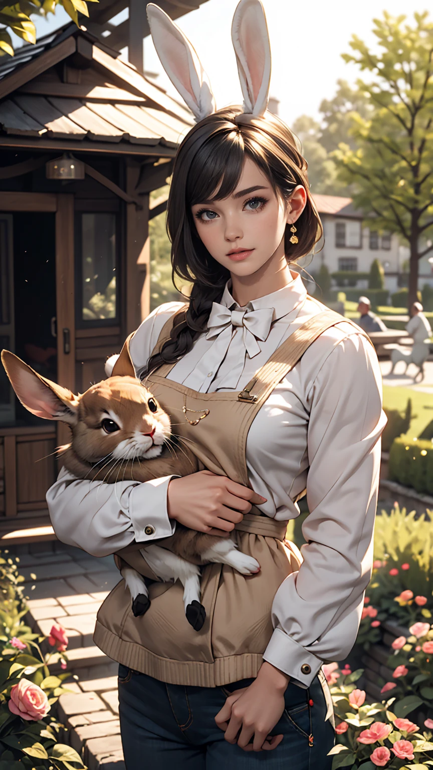 4K, Realistic, Charismatic, Very detailed, There is a girl in the garden house, Woman wearing a rabbit costume , soft theme, pants, Age 25, whole body