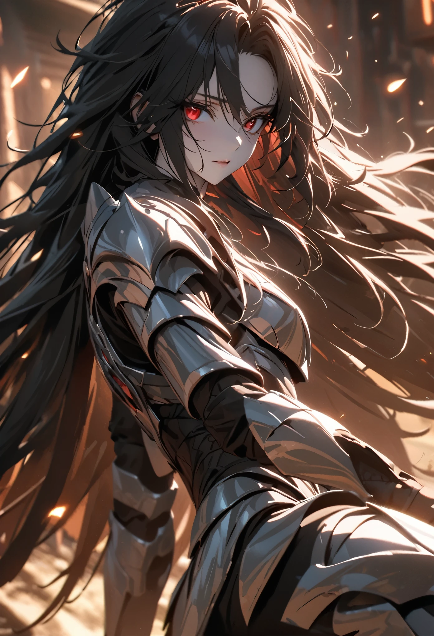 (solo), black hair, messy hair, mane hair, extra long hair, dense hair, wild hair, expressive hair, mature,(25 year old), pale skin, red eyes, ((man)), wearing a silver armor, armored arms, armored legs, claws,, beautiful, attractive, eye reflection, depth of field, thunder aura,cinematic lighting, ray tracing, depth of field, cinematic lighting, ray tracing, UHD, high details, best quality, highres, high quality, award winning, super detail, masterpiece, 8k, UHD, high details, best quality, highres, high quality, award winning, super detail, masterpiece, 8k, digital art, anime coloring, body shot, good face, perfect face, detailed face, good eyes