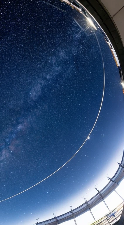 An observatory with a glass dome　Shooting from a camera angle looking up at the roof　Beautiful Milky Way